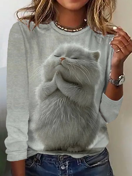 

Casual Animal Crew Neck Long Sleeve T-shirt, Gray, T-shirts