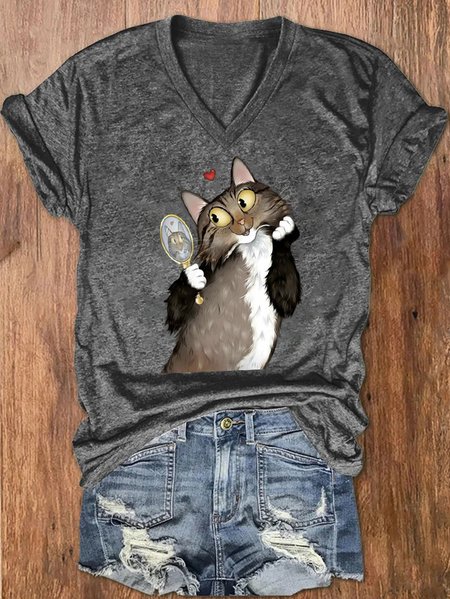 

Casual Animal V Neck Short Sleeve T-shirt, Gray, T-shirts