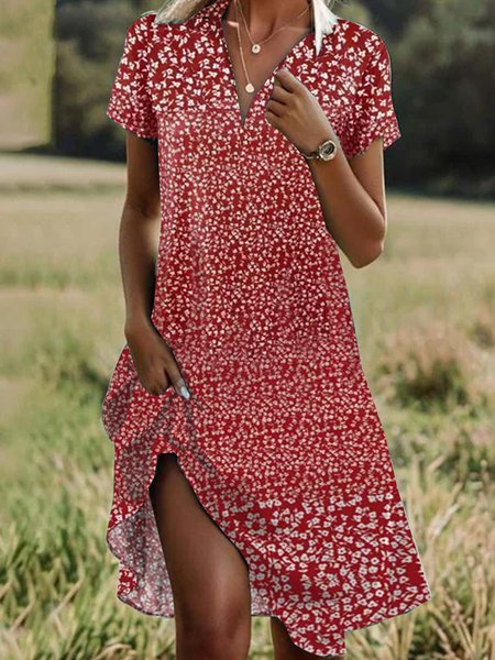 

Women Ditsy Floral Shawl Collar Short Sleeve Comfy Casual Midi Dress, Red, Midi