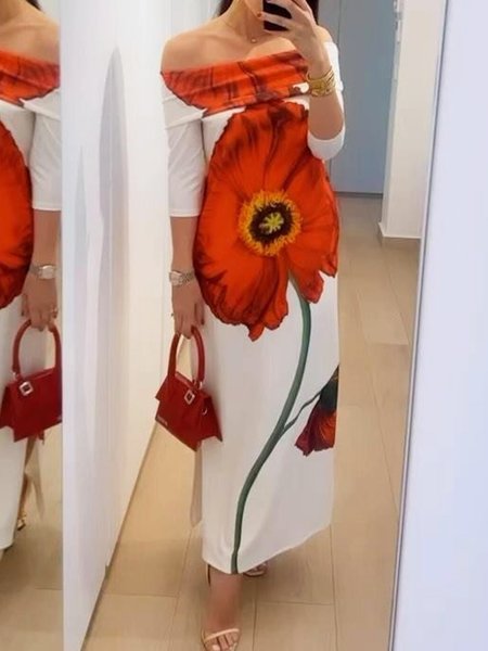 

Elegant Off The Shoulder Floral Regular Fit Dress, As picture, Maxi Dresses