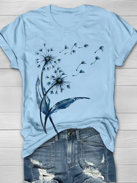 

Casual Dandelion Crew Neck Short Sleeve T-shirt, Light blue, T-shirts