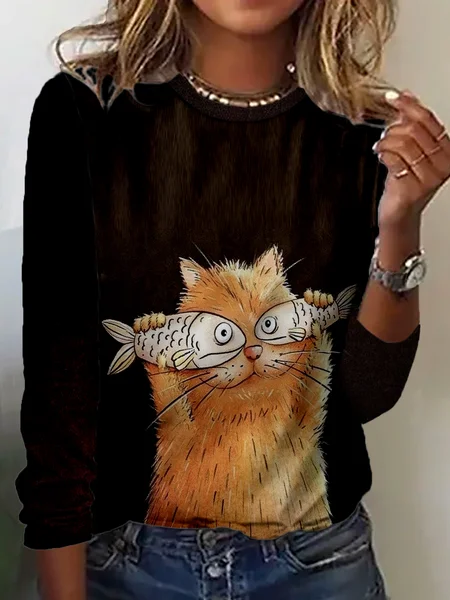 

Casual Animal Crew Neck Long Sleeve T-shirt, Coffee, T-shirts