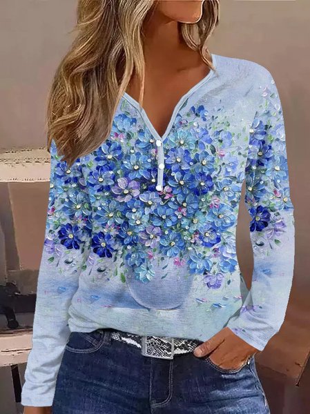 

Casual Floral V Neck Long Sleeve T-shirt, Blue, T-shirts
