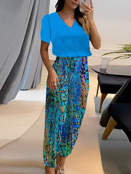 

Women Abstract V Neck Short Sleeve Comfy Casual Top With Pants Two-Piece Set, Blue, Sets