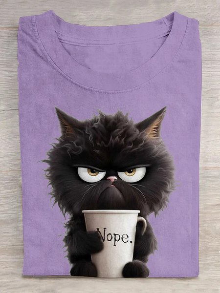

Casual Cat Crew Neck Short Sleeve T-shirt, Purple, T-shirts