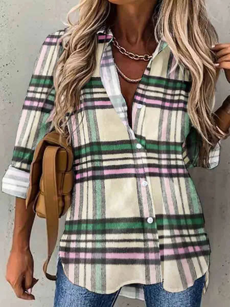 

Short Sleeve Plaid Regular Micro-Elasticity Loose Shirt For Women, Multicolor, Shirts