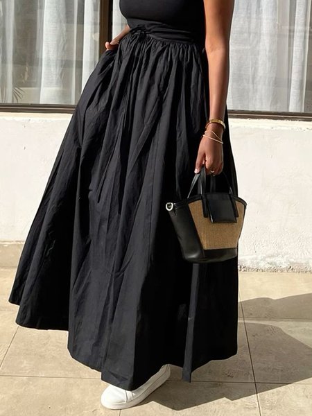 

Pocket Stitching Urban Plain A-Line Long Skirt, Black, Skirts