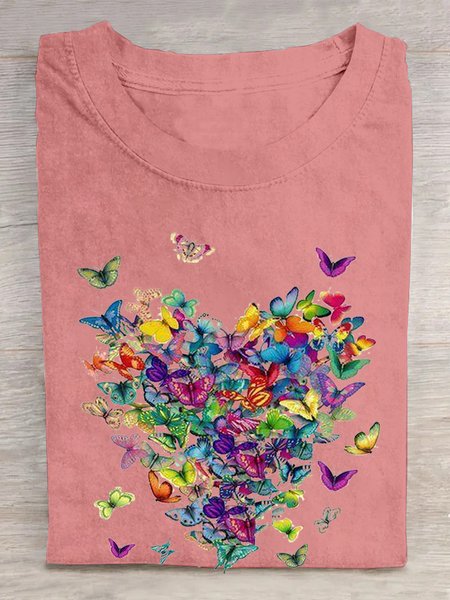 Loose Casual Crew Neck Butterfly T-Shirt, Pink, T-shirts