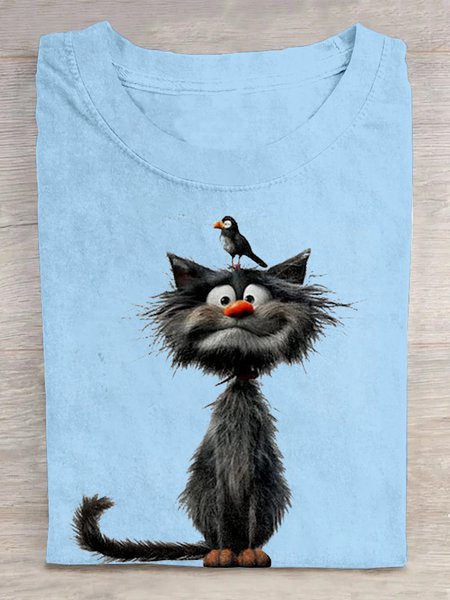 

Casual Cat Loose Crew Neck T-Shirt, Sky blue, T-shirts