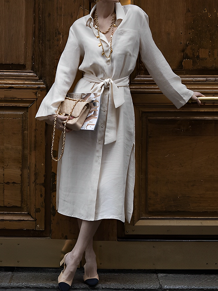 

Loose Pocket Stitching Urban Shirt Collar Long Sleeve Dress With Belt, As picture, Midi Dresses