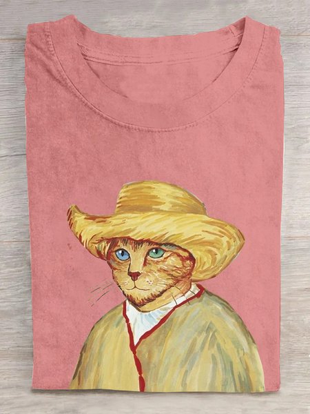 

Casual Cat Crew Neck Short Sleeve T-shirt, Orange pink, T-shirts