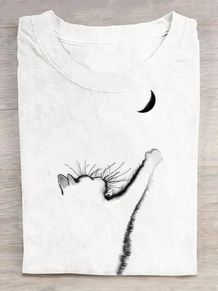 

Casual Cotton Crew Neck Cat T-Shirt, White, T-shirts