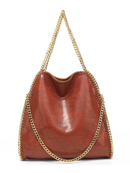 Minimalist Metal Chain Tote Bag Large Capacity Shoulder Bag, Brown, Bags