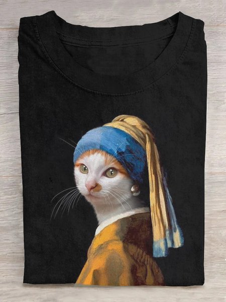 

Casual Cat Crew Neck T-Shirt, Black, T-shirts