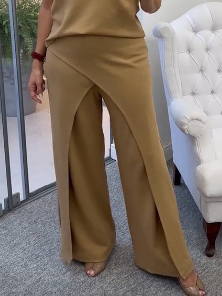 

Plain Casual Loose Wide leg Pants, Khaki, Pants