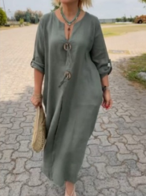 

Casual Plain Loose Notched Dress With No, Army green, Maxi Dresses