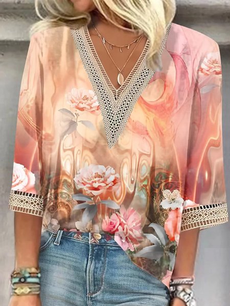Notched Half Sleeve Floral Lace Edge Regular Loose Blouse For Women, Flower, Blouses