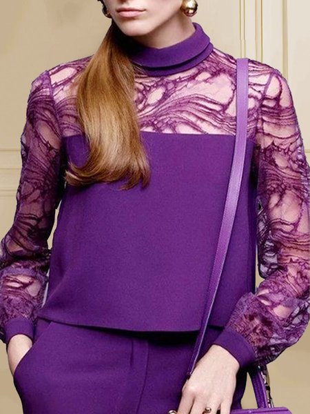 Loose Plain Mock Neck Urban Blouse, Purple, Blouses and Shirts