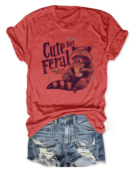 

Cute But Feral Funny Loose Crew Neck Text Letters Casual T-Shirt, Red, T-shirts