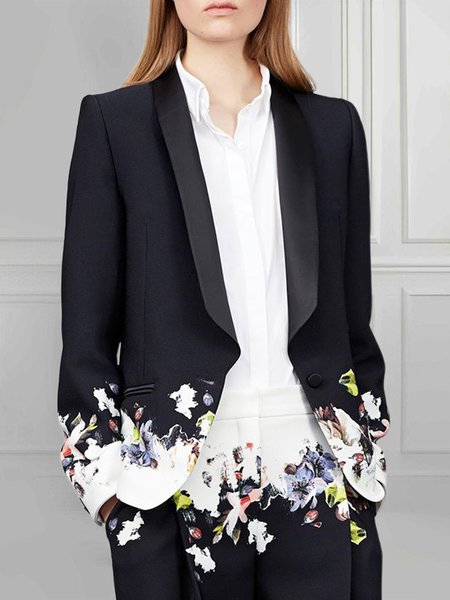 

Long Sleeve Shawl Collar Floral Elegant Blazer, Black, Blazers