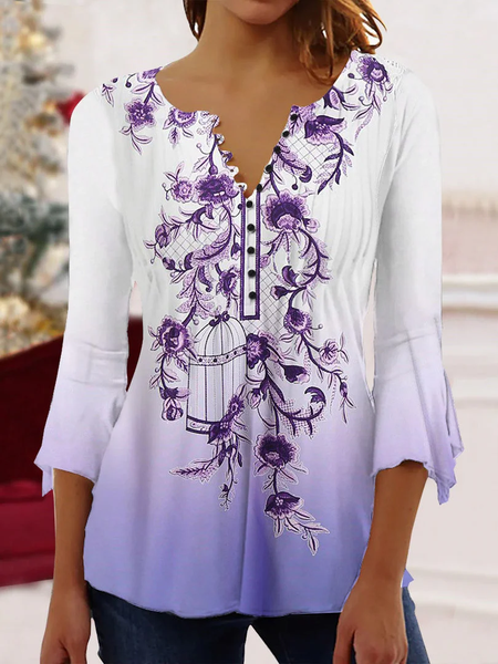 

V Neck Half Sleeve Floral Regular Loose Blouse For Women, Purple, Blouses