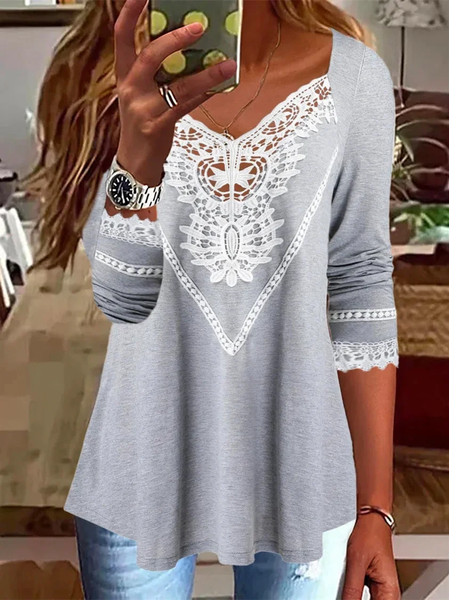 

V Neck Long Sleeve Plain Regular Loose Blouse For Women, Gray, Blouses