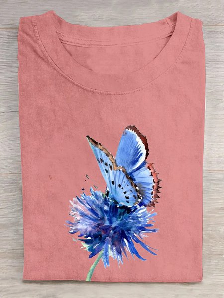 

Casual Crew Neck Floral Cotton T-Shirt, Orange pink, T-shirts