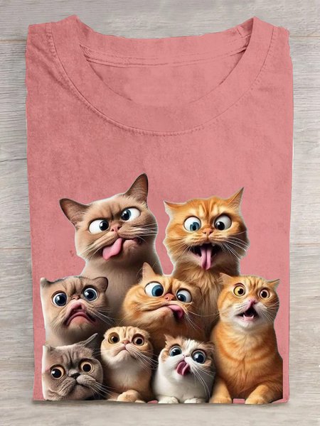 Casual Cotton Cat Loose T-Shirt, Orange pink, T-shirts