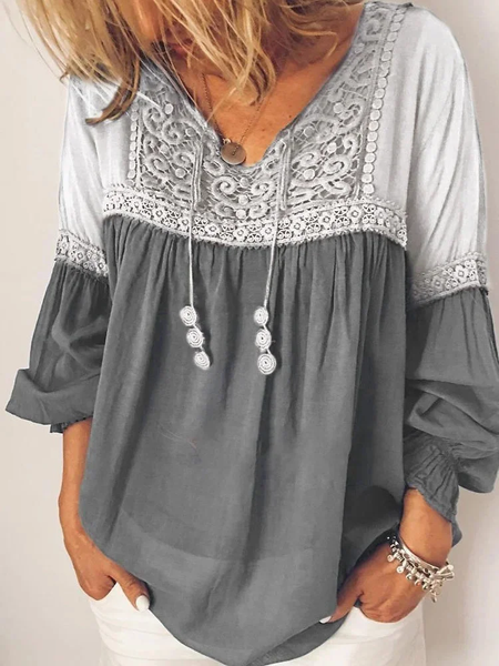 

V Neck Long Sleeve Floral Regular Loose Blouse For Women, White, Blouses