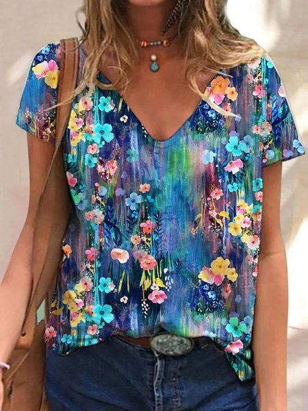

Casual Floral Crew Neck Short Sleeve T-shirt, Flower, T-shirts