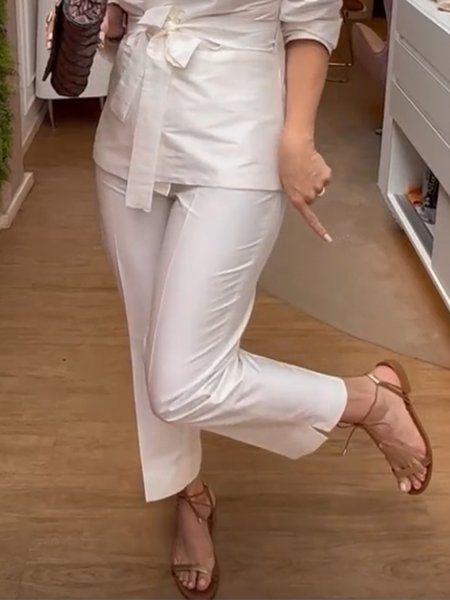 

Regular Fit Elegant Plain Ankle Pants, Off white, Pants
