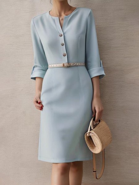 

V Neck Regular Fit Elegant Plain Dress With No Belt, Light blue, Midi Dresses