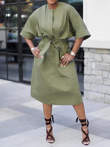 Crew Neck Half Sleeve Loose Urban Midi Dress, Army green, Midi Dresses