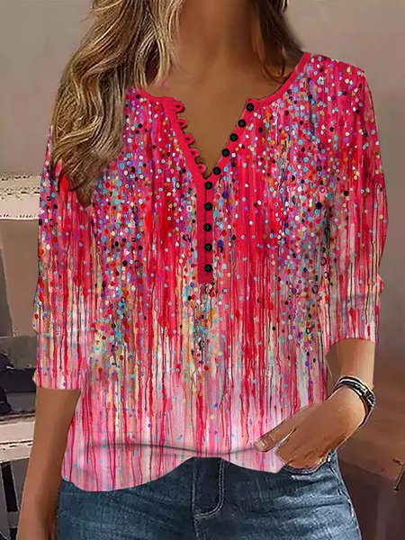 

Casual Abstract Notched Long Sleeve T-shirt, Rose red, T-shirts