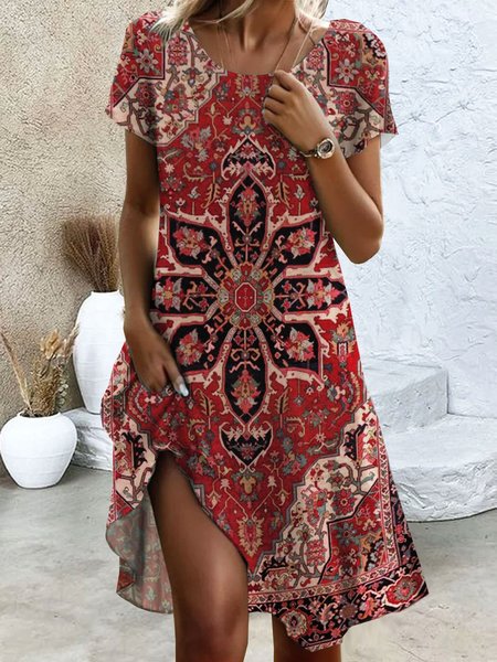 

Women Ethnic Crew Neck Short Sleeve Comfy Casual Mini Dress, Red, Midi