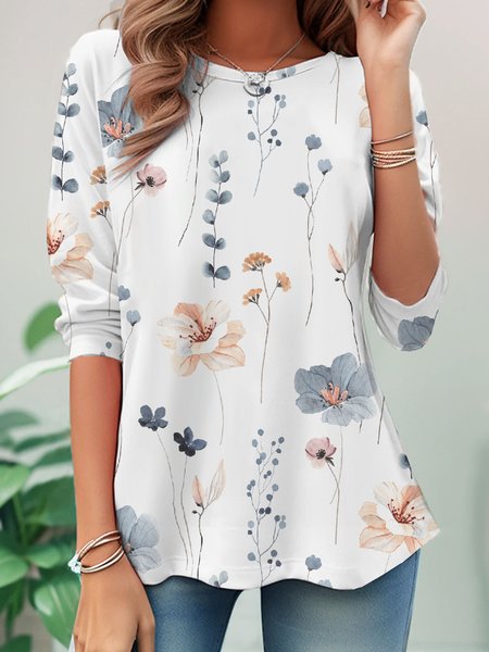 

Casual Floral Crew Neck Long Sleeve T-shirt, White, T-shirts