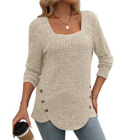 

Women Plain Crew Neck Casual Long Sleeve T-shirt, Apricot, Long Sleeves