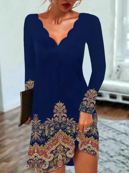 

Women Ethnic V Neck Long Sleeve Comfy Casual Midi Dress, Deep blue, Dresses