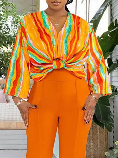 

Abstract Stripes V Neck Urban Blouse, As picture, Blouses and Shirts