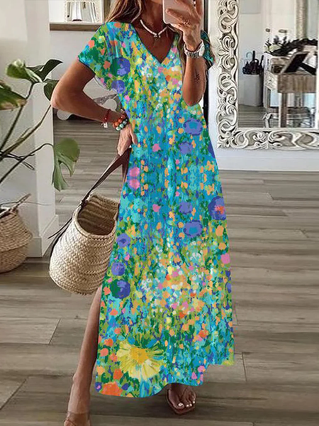 

Women Floral V Neck Short Sleeve Comfy Casual Maxi Dress, Multicolor, Dresses