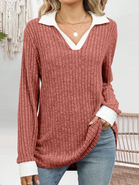 

Casual Color Block Shawl Collar Long Sleeve T-shirt, Rust, T-shirts