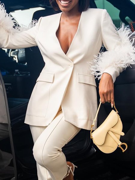 

V Neck Pocket Stitching Elegant Plain Blazer, Off white, Blazers