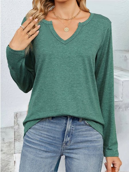 

Casual Plain Notched Long Sleeve T-shirt, Darkgreen, T-shirts