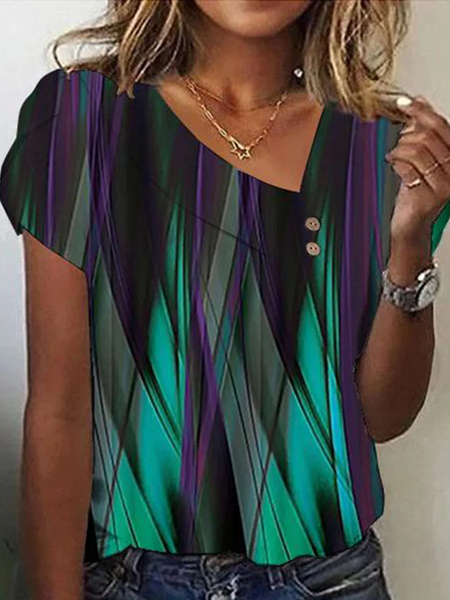 

Casual Random Print Asymmetrical Short Sleeve T-shirt, Multicolor, Blouses
