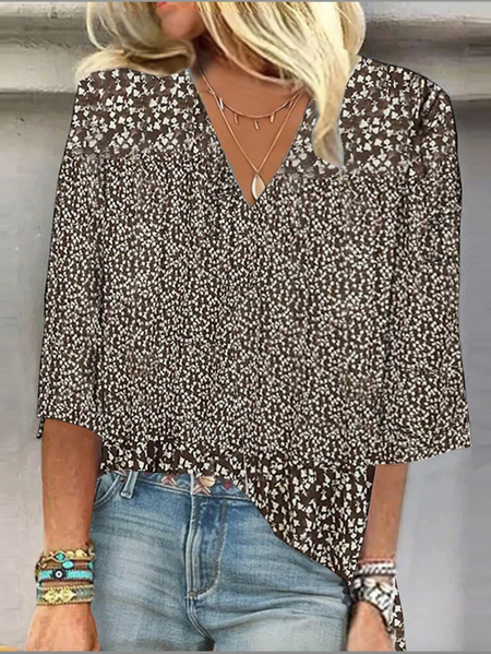 V Neck Three Quarter Sleeve Ditsy Floral Regular Loose Blouse For Women, Brown, Blouses