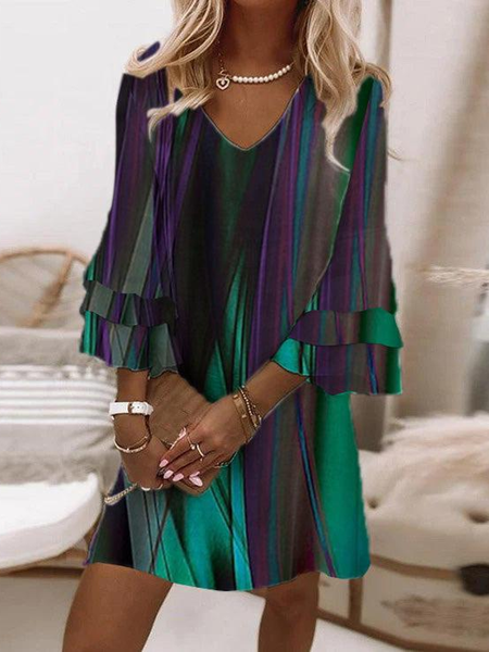 

Women Random Print V Neck Three Quarter Sleeve Comfy Casual Mini Dress, Multicolor, Dresses