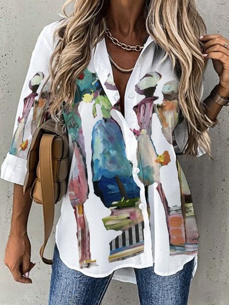 

Shirt Collar Long Sleeve Abstract Lightweight Loose TUNIC Shirt For Women, White, Shirts