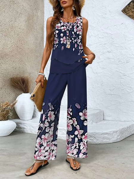 

Women Floral Square Neck Sleeveless Comfy Casual Top With Pants Two-Piece Set, Dark blue, Sets