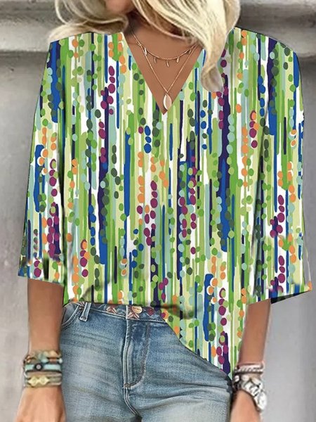 

V Neck Three Quarter Sleeve Striped Regular Loose Blouse For Women, Green, Blouses