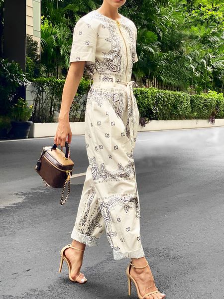 

Loose Ethnic Crew Neck Short Sleeve Urban Jumpsuit, As picture, Jumpsuits
